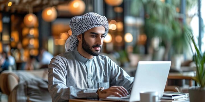 Confident Arab businessman using a modern laptop in a stylish office, enjoying a cup of coffee.