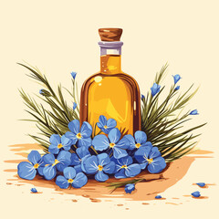 Linen. Flax seeds. Flowers of flax. Linseed oil. Vector illustration Super food
