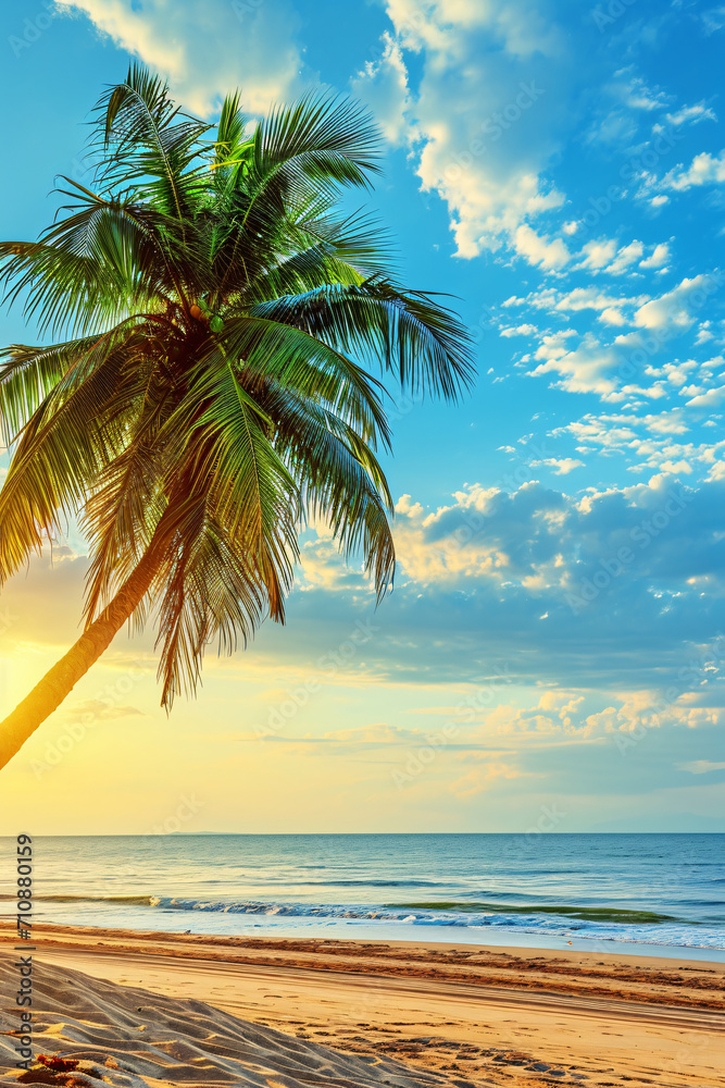 Wall mural sunny exotic beach by the ocean with palm trees at sunset summer vacation generate ai - Wall murals