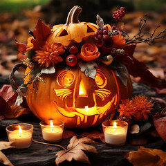 Halloween pumpkin head jack o lantern with candles, flowers on autumn leaves in forest