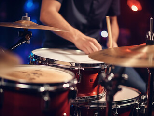closeup photo of male hands of a person playing the drums with sticks. bokeh lights in the background. playing music instrument in the band studio. 
