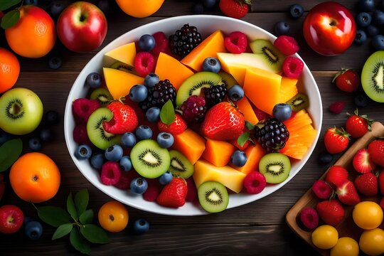 a detailed and appetizing image of a bowl of vibrant, fresh fruit salad with a variety of colorful fruits