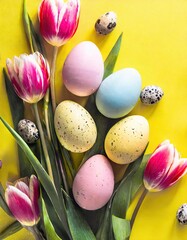 Fototapeta na wymiar Stylish background with colorful easter eggs isolated on yellow background with pink tulip flowers. Flat lay, top view