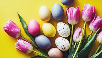  Stylish background with colorful easter eggs isolated on yellow background with pink tulip flowers. Flat lay, top view