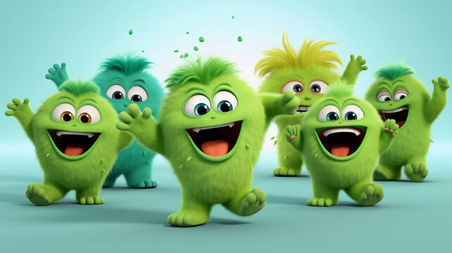 Collection of Green furry and cute monster dancing and waving 3D render character cartoon style Isolated
