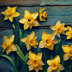 Painting Of Yellow daffodil flowers on grunge, vintage blue wooden plank.