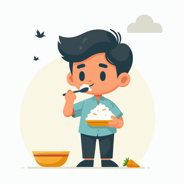 A cute boy character is eating with a simple and minimalist flat design style