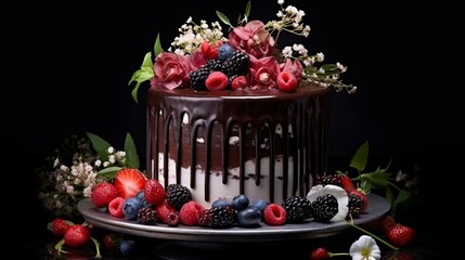 A decadent chocolate cake, adorned with glossy ganache and intricate piping details, topped with fresh berries and edible flowers - Generative AI