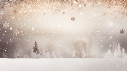 Christmas background. Delicate snowflakes fall gracefully against a warm, glowing winter backdrop with a soft-focus forest silhouette