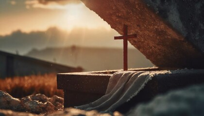  Tomb Empty With Shroud And Crucifixion At Sunrise - Resurrection Of Jesus Christ  - obrazy, fototapety, plakaty