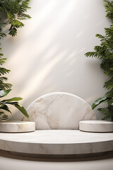 White product podium with stones and plants, set against a natural light background. Pedestal for product display