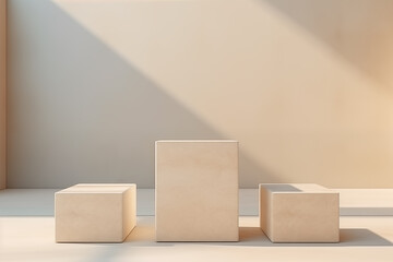 Three stone pedestals of varying heights, displaying clean lines and a minimalist aesthetic, bathed in warm, natural light casting soft shadows in a serene, neutral-toned space