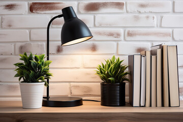 Modern wooden table with desk lamp and books on brick wall background