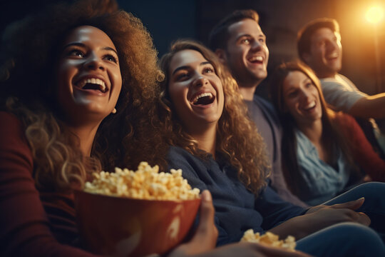 Happy friends watching movie and eating popcorn