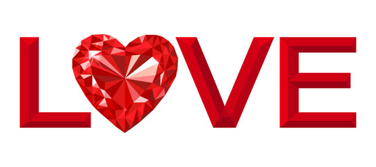 Red love word with diamond heart isolated on white background. Vector illustration.