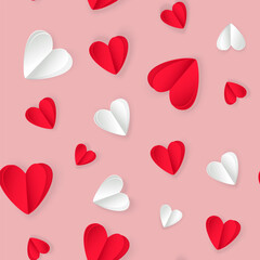 Red and white hearts in paper cut style on a pink background. Seamless vector pattern.