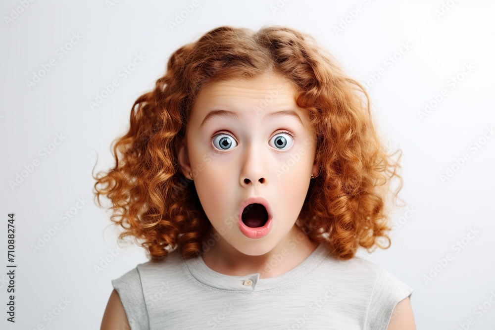 Wall mural portrait of young shocked scared child on white background - Wall murals