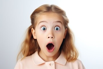 Portrait of young shocked scared child on white background