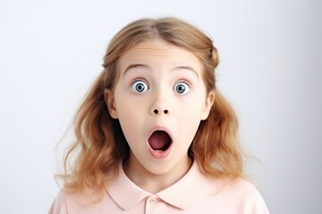 Portrait of young shocked scared child on white background