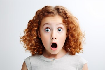 Portrait of young shocked scared child on white background