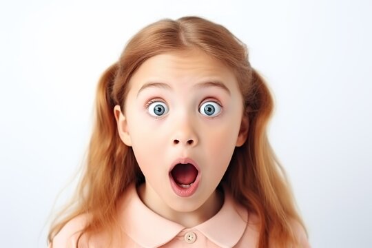 Portrait of young shocked scared child on white background