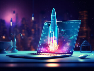 Digital illustration of rocket and laptop, background with blue neon light 