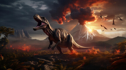 Dinosaur in prehistorical environment with volcanos and clouds  - obrazy, fototapety, plakaty