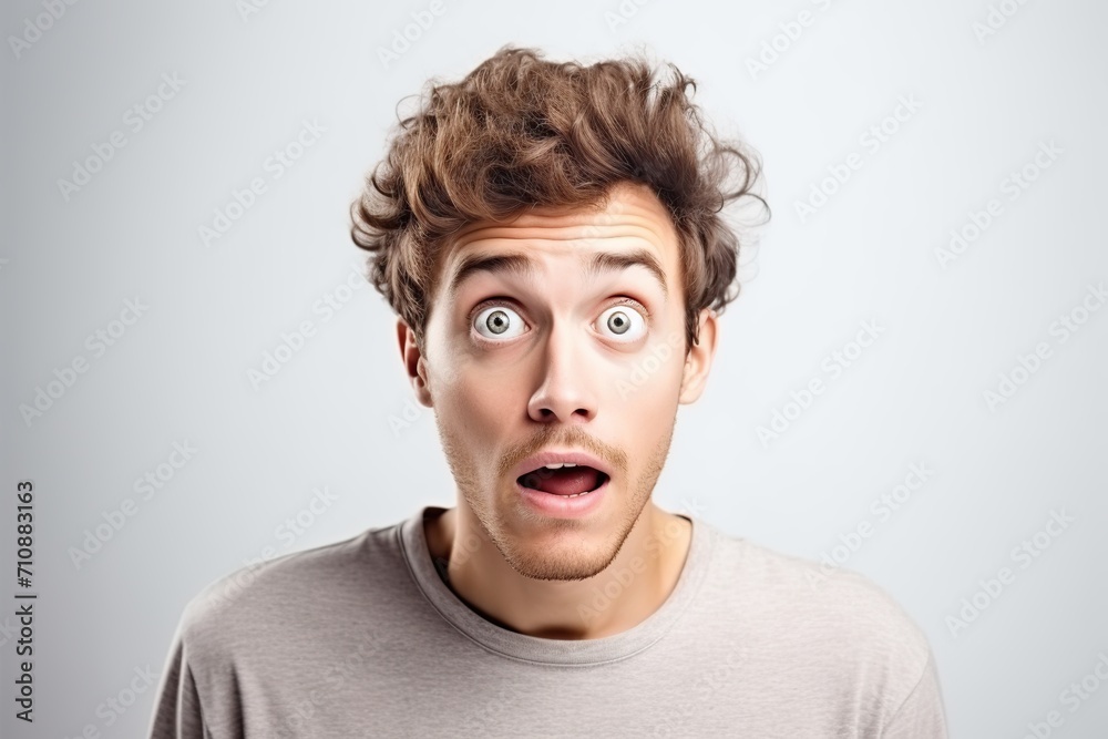 Wall mural portrait of young shocked scared man on white background