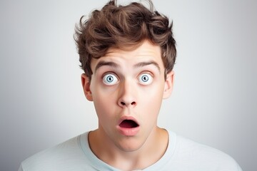Portrait of young shocked scared man on white background