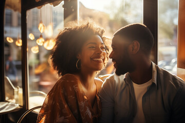 Happy black couple sitting together in a cafe, happy people in love - obrazy, fototapety, plakaty