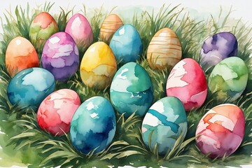 Fototapeta na wymiar watercolor easter colorful eggs in grass, perfect for invitations, cards, greetings, congratulations