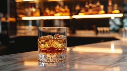 Branding on the rocks presented on a sleek and modern bar counter, with the focus on the glassware and the clarity of the drink. [Sleek modern bar setup brandy on the rocks]
