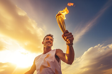 A happy smiling male athlete solemnly carries the Olympic flame against the sky - obrazy, fototapety, plakaty