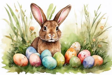 easter bunny and easter eggs, watercolor bunny and grass in delightful designs for invitations, cards, greetings, and congratulations