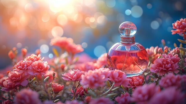 Use manual focus to ensure the perfume bottle is sharp and stands out against the floral background.