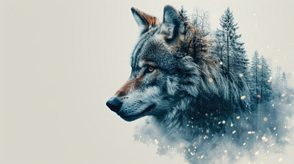 double exposure, wolf, wintery forest