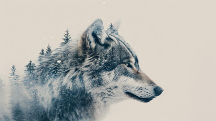 double exposure, wolf, wintery forest