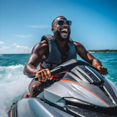 Black man having fun in summer, riding a jet ski. Summer vacation vibe, great time, blue sea and sky