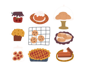 Collection of autumn food - cartoon flat vector illustration isolated on white background. Set of cute hand drawn bakery and pastry goods - pumpkin and apple pie, cinnamon bun, cookies, croissant, jam