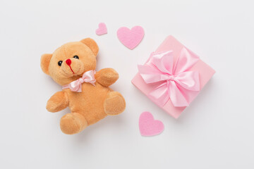 Valentines day composition with gifts on color background, top view.
