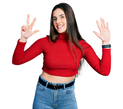 Young brunette teenager wearing red turtleneck sweater showing and pointing up with fingers number eight while smiling confident and happy.