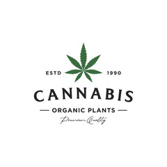 Premium quality cannabis organic plant logo retro vintage template design.
