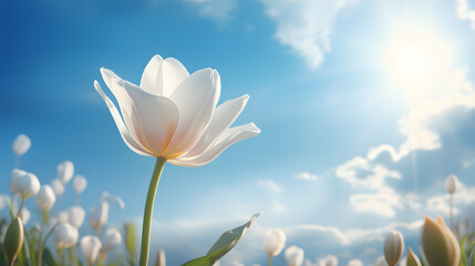 a white flower with blue sky and clouds