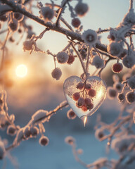 Crystal transparent heart hanging on bush with frozen berries in winter sunny day. Spring is coming