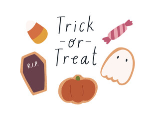 Trick or treat card with cute cookies and candies, cartoon flat vector illustration isolated on white background. Hand drawn Halloween holiday sweets.