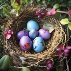 Fototapeta na wymiar Chocolate Easter eggs in a bird's nest, extremely shiny, brightly painted, very rainbow-colored. Design illustration 3D concept.