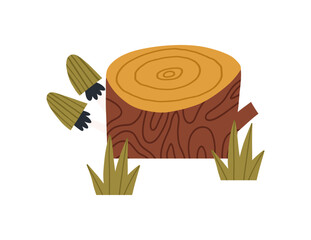 Cute tree stump with mushrooms and grass, cartoon flat vector illustration isolated on white background. Hand drawn autumn nature element.