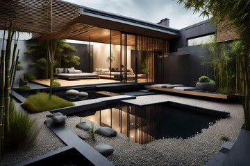 A sleek and minimalistic home with a flat roof, surrounded by a Zen-inspired backyard featuring a koi pond, stepping stones, and bamboo landscaping. - obrazy, fototapety, plakaty
