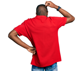 Young african american man wearing casual red t shirt backwards thinking about doubt with hand on head