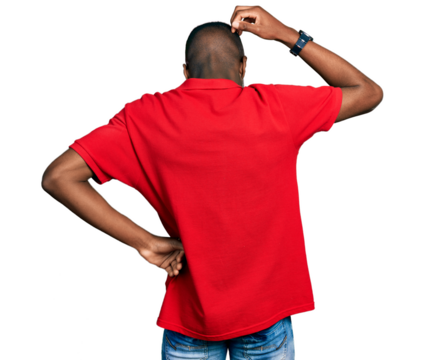 Young african american man wearing casual red t shirt backwards thinking about doubt with hand on head